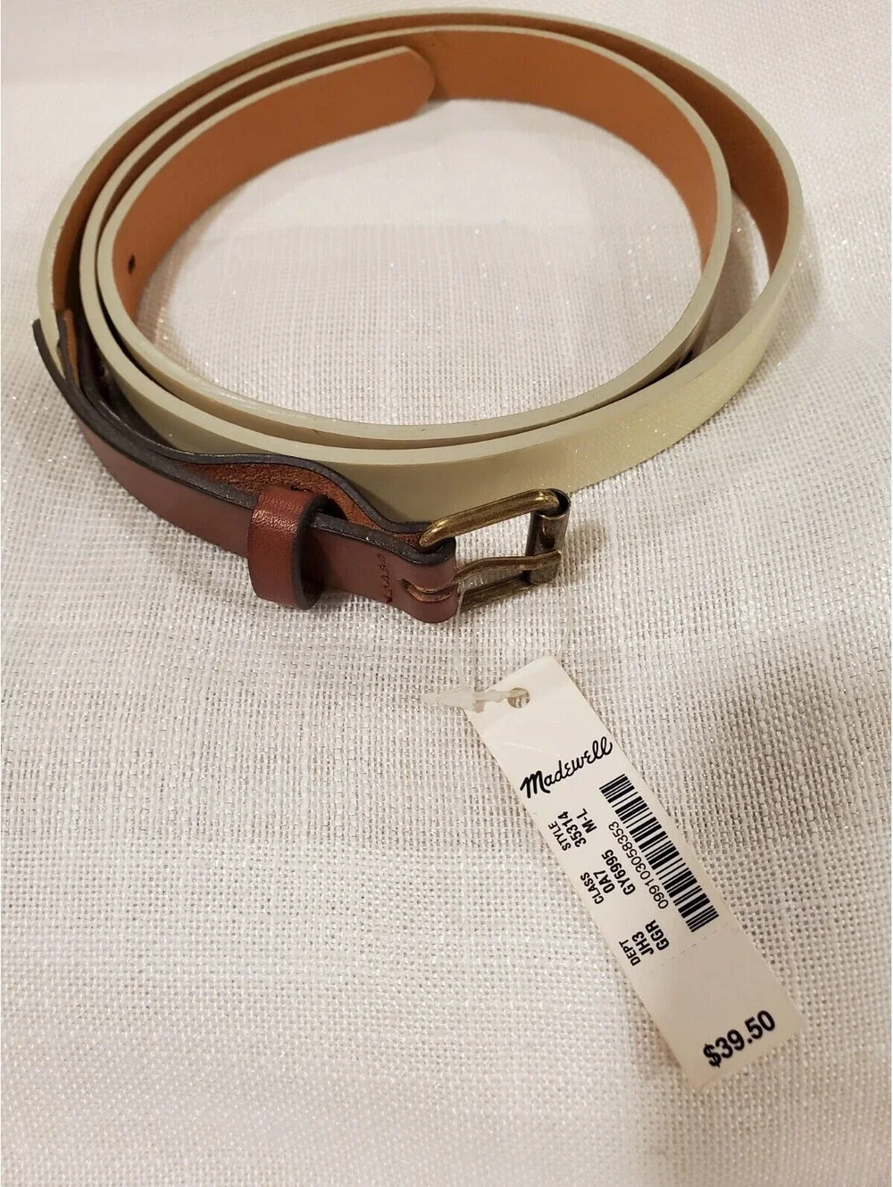 Madewell M/L Medium Large Off White Patent Leather Belt Brown Leather Detail